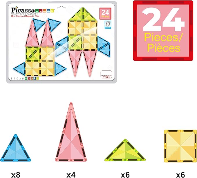 PicassoTiles Magnetic Tile 24pc Mini Diamond Magnetic Building Blocks Set Travel Size STEM Educational Construction Toy Portable Hands On Learning Creative Open Ended Play for Kids Ages 3 Plus PTM24