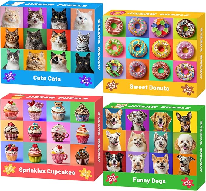 4 Packs 100 Piece Puzzles for Kids Ages 4-6 6-8 8-10, Dogs Cats Cupcakes Donuts Educational Jigsaw Puzzles, Kids Puzzles 4-6 Gifts for Girls Boys