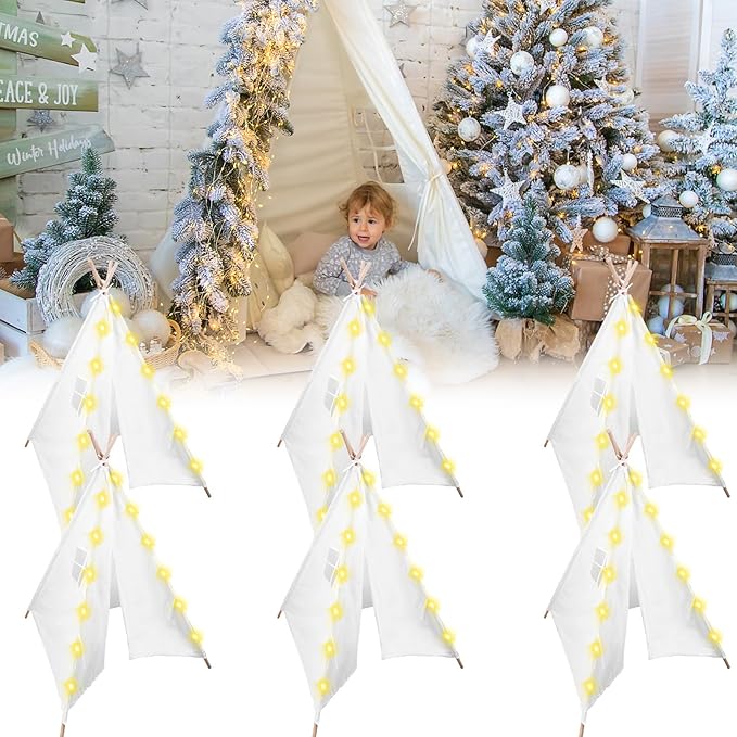 6 Packs Teepee Tent for Kids with 10ft String Lights, Indoor Play Teepee Tent for Girls & Boys, Foldable Tents for Birthday Party Boho Sleepovers Party Pajama Party (White)