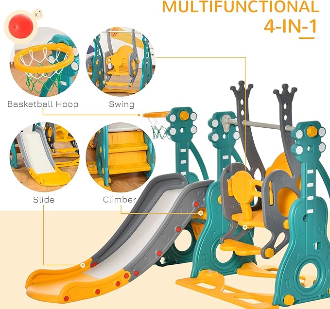 Qaba 4 in 1 Toddler Swing and Slide Set, Kids Slide for Aged 1.5-3 with Climber, Ultra-Safety, Basketball Hoop, Baby Playground Set, Fun Indoor/Outdoor Playset Exercise Toy