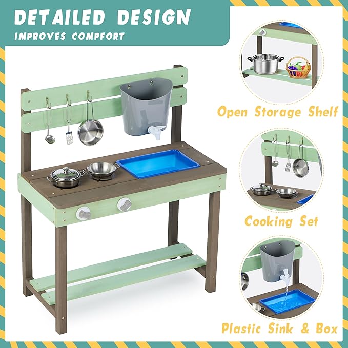 Kid's Wooden Play Kitchen, Outdoor Mud Kitchen with Water Play Set and Cooking Toys, Backyard Play for 3+ Years Kid