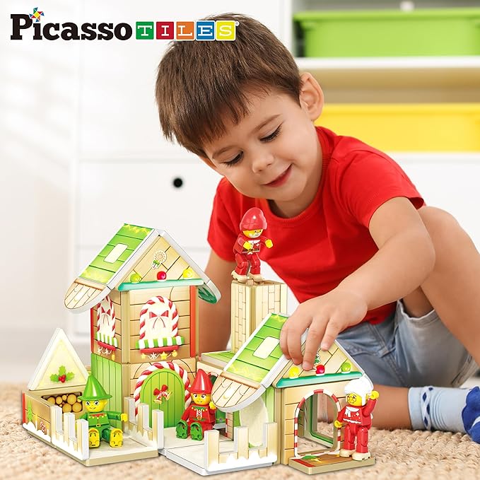 PicassoTiles Magnetic Tile Christmas Holidays Cottage Building Set with Santa Elves Nutcracker 6 Character Figures STEM Educational Construction Toy Winter Magnet Block Gift for Kids Age 3 Plus PTQ08