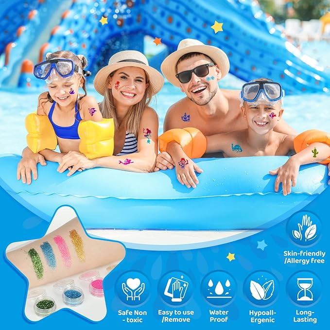 Temporary Glitter Tattoo Kids, Bledras 30 Colors Temporary Tattoo Set, 147 Stencils, 4 Brushes, 2 Glue, Glitter Tattoos for Kids or Adults, Gifts for Girls Boys, Carnival Birthday Festival Party