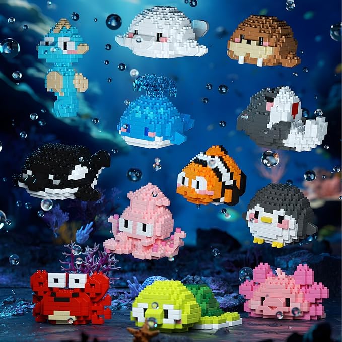 Small Toy Gift,Party Favors for Kids,12 Boxes Marine Animals Micro Mini Building Blocks Set, Birthday Gift for Kids Ages 8-16+
