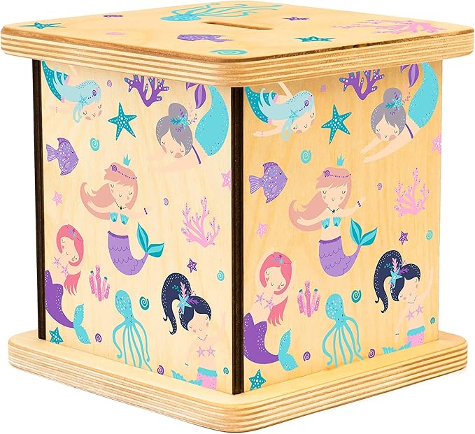 Wooden Piggy Bank for Kids and Adults, Personalized Gift Handmade in USA by BloomOwl, Custom Piggy Bank, Personalized Banks for Kids, Gifts for Baby Boys and Girls (Mermaid)