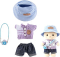 17cm Doll Clothes Set 4-Piece Outfits for Doll Purple Fashion Clothing for Plush Dolls Accessories with Purple Knit Sweater, Jeans, Mini Backpack Charm & Blue Bucket Hat