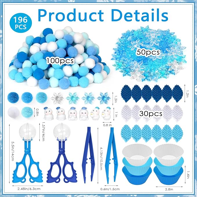 196 Pcs Winter Sensory Bin Items Winter Snowman Counting Sorting Sensory Bin Filler Fine Motor Snowman Snowflake Counts for Xmas Counting Decor
