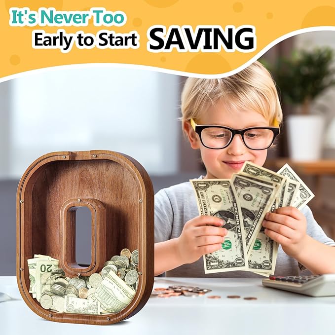 Summidate Customized Name Large Wooden Piggy Bank for Kids Boys Girls Alphabets Letter A-Z Coins Bills Money Change Bank Box Initial on Clear Cover (Laser Engraved) (Alphabet-O, Personalized-12)