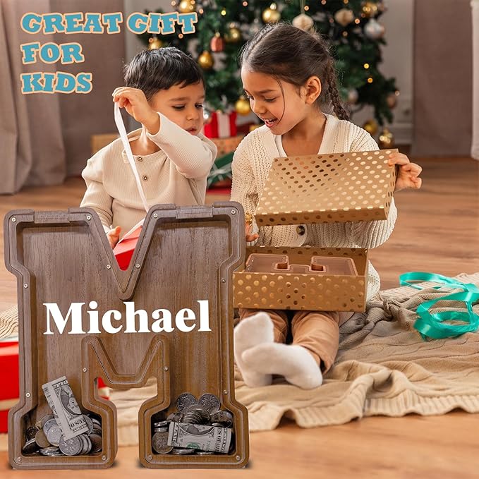 Wooden Letter Piggy Bank for Kids Larger Letter Piggy Bank for Boys and Girls Personalized Piggy Bank Initial Coin Bank Wood Kids Money Bank for Birthday and Festival