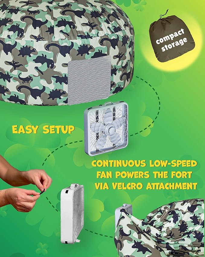 Skywin Inflatable Tent for Kids (Camo Dark Grey), Inflatable Air Tent for Kids Sets Up and Stores Away in Seconds, Improved Blow up Fort (Fan NOT Included) (Camo Dino)
