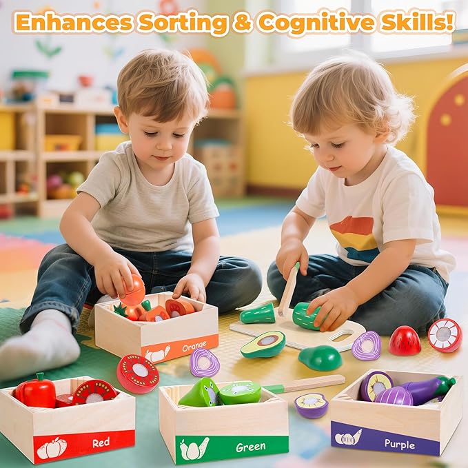 Wooden Play Food for Toddlers, Color Food Groups, Fruit & Veggies Cutting Set, Pretend Play Food Kitchen Accessories for 3 4 5 6 7 Years Old Boys & Girls