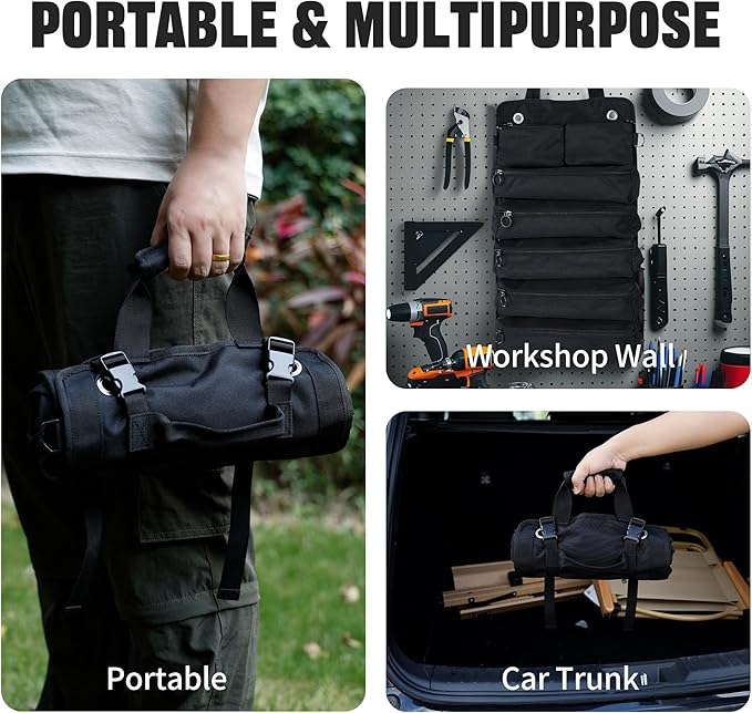 Portable Foldable Roll-Up Waterproof Tool Bag Organizer with 5 Compartments & 2 Detachable Pouches, Heavy-Duty Tool Pouch Bag, Dad Men Electrician Mechanic Gifts
