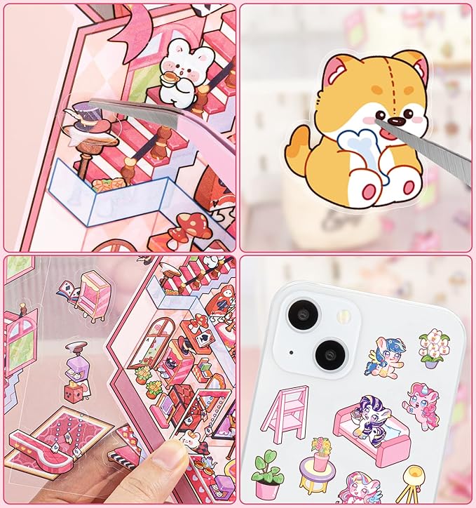 DIY 3D House Stickers, 4 Sets Fun DIY Stickers Scene Make Your Own Mini House Cute Cartoon Animal Scene Stickers for Kids Adult Sticker Art Relief Stress Pass The Time- Large Size
