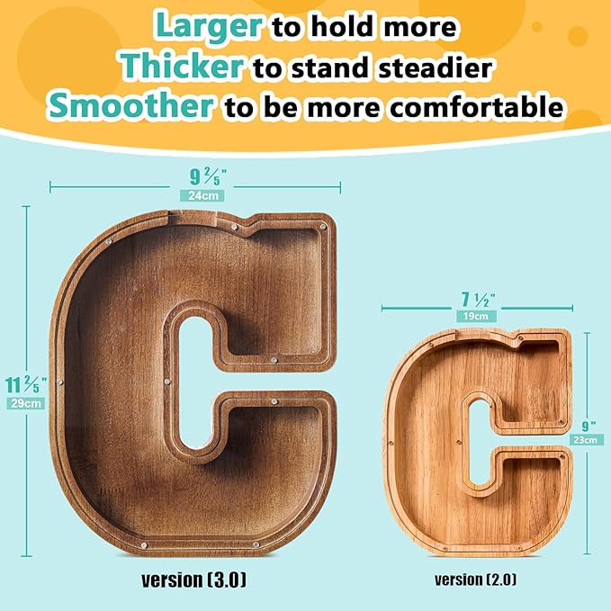Summidate Customized Name Extra Large Wooden Piggy Bank for Kids Boys Girls Alphabets Letter A-Z Coins Bills Money Change Saving Box Clear Cover (Laser Engraved) Educational Toys 12"- Letter C