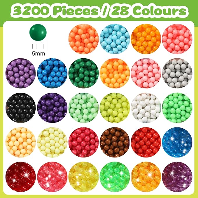 Fuse Beads Non-Iron Kit Over 3200 Beads 28 Colors Makes Creations with No Heat Mega Bead Refill