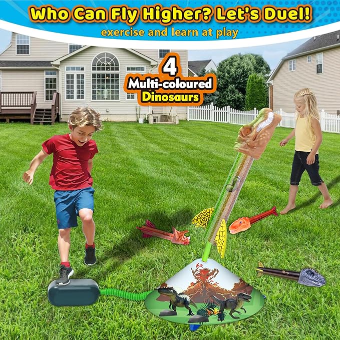 Dinosaur Rocket Launcher for Kids, 4 Rockets with Launcher Pad, Launch Up to 100 Ft, Dinosaur Toys for Kids, Outdoor Toys, Birthday Gifts for 3 4 5 6 7 Year Old Boys Girls