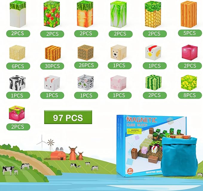 AESGOGO Magnetic Building Blocks, 97PCS Magnetic Tiles Stacking, Build Magnet Toys for Toddlers Kids 3+, STEM Montessori Sensory Birthday Gifts for Boys Girls Age 3 4 5 6 7 8