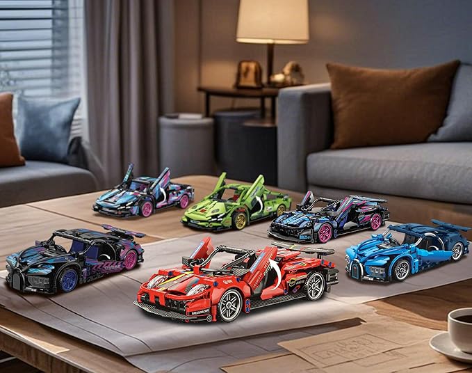 Sosuy Building-Block Race-Car Set, 1:18 Technical Model Kit 513 Pcs DIY Red Pull-Back Toy for Boy Girl Kid Age 6+ Year, Birthday Gift for Teen Adult Display, Speed Super Sports Cars Bricks Icons