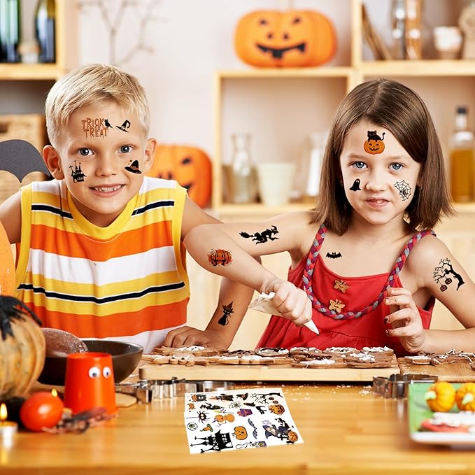 380+ PCS Halloween Temporary Tattoos for Kids, 30 Sheets Creative Design Halloween Tattoos for kids Halloween Party Decorations, Pumpkin Tattoo Stickers Halloween Gifts for kids for Halloween Makeup