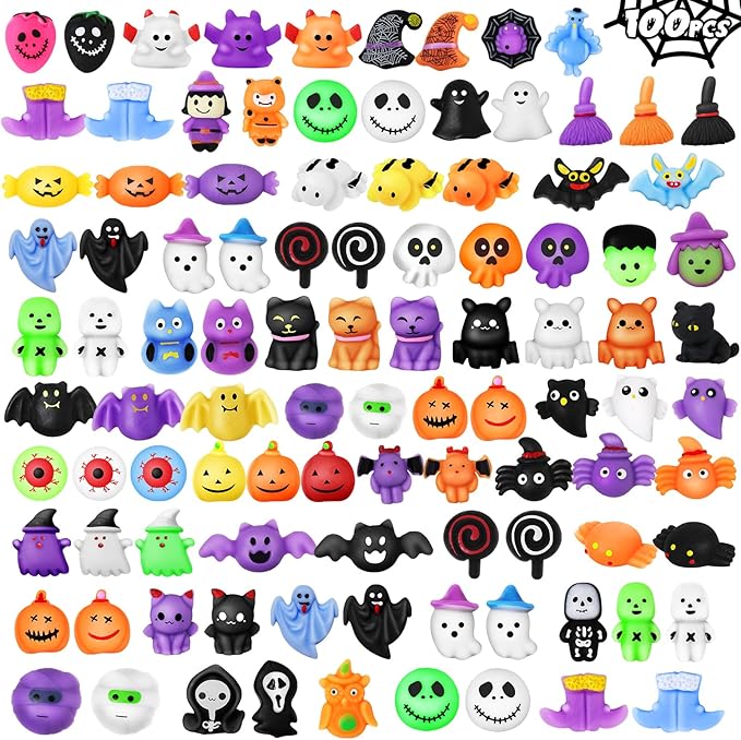 100 PCS Halloween Squishy Toys for Kids Party Favor Halloween Trick or Treat Toys Bulk,Soft Squishy Toys for Kids Boys Girls Gifts Classroom Rewards,Goodie Bags Fillers