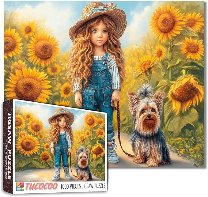 Tucocoo Whimsical Girl 1000 Piece Puzzle for Adults, Colorful Floral Dog Art Puzzle, Yorkshire Terrier in Sunflower Field Jigsaw, Challenging and Relaxing Gift for Puzzle Lovers, Home Decor 27x20Inch