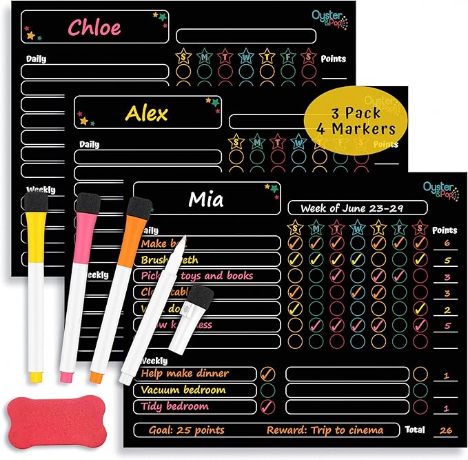 Black Magnetic Chore Charts for Multiple Kids & Adults - 3Pcs Dry Erase Chore Boards Set with 4 Fine Tip Chalk Markers - Responsibility & Reward Charts for Family Organization on Your Refrigerator