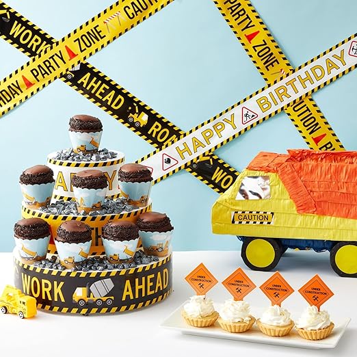 Blue Panda Construction Birthday Party Supplies Tape - 3 Rolls, 3 in x 100 Ft, Black, Yellow & White - Birthday Caution & Construction Tape Roll for Party Decorations