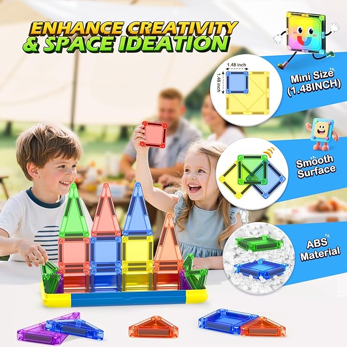 Mini Magnetic Tiles Travel Toddler Toys with Metal Tin Portable STEM Building Kids Toys for 3 4 5 6 7 8+ Years Old Boys & Girls & Birthday Gifts