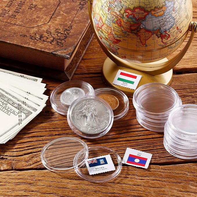 Silver Dollar Coin Case Holder for Collectors 40.6mm Silver Bar Plastic Round Coin Capsules Covers for Silver Bar Coin Collection Supplies (60 Pieces)