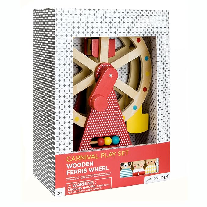 Petit Collage Ferris Wheel Carnival Wooden Toy, 2 Animal Characters Included – Pre-Assembled Wooden Ferris Wheel Toy with Sturdy Wood Construction, Non-Toxic and Safe for Kids, Ideal for Ages 3+