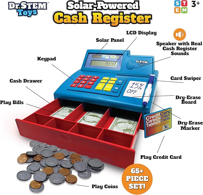 Dr. STEM Toys Solar Powered Calculator Pretend Cash Register with Play Money – 67-Piece Set for Learning Math Skills, STEM Cash Register for Kids (Blue)