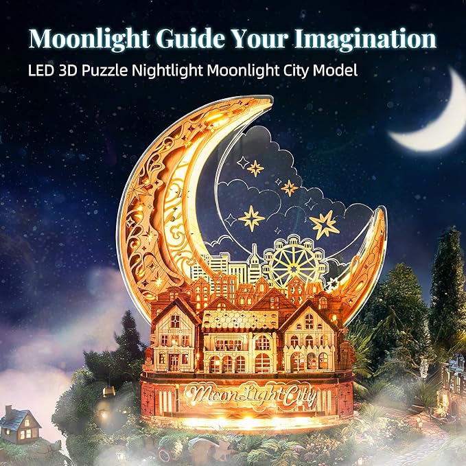 3D DIY Puzzle Moon City Model - LED 3D Wood Puzzle - 3D Wooden Puzzles for Adults Home Décor Gifts for Kids and Adults, White