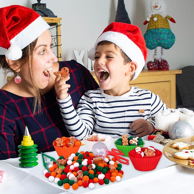 200 PCS Christmas Sensory Bin Filler Winter Sensory Bin Items 160 Pompoms 22 Gingerbread Man 8 Cups 6 Tweezers 3 Scissor Clips 1 Storage Box for Christmas Fine Motor Toys Counting Sorting Training