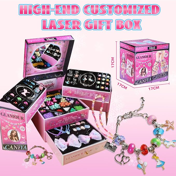 Tuehakny 10-in-1 Jewelry Craft Kit for Girls Ages 4-12, 3000+ Non-Toxic Beads, Charms & Elastic String with Layered Storage Box, DIY Bracelet Necklace Maker Kit, Birthday Christmas Gifts for Kids