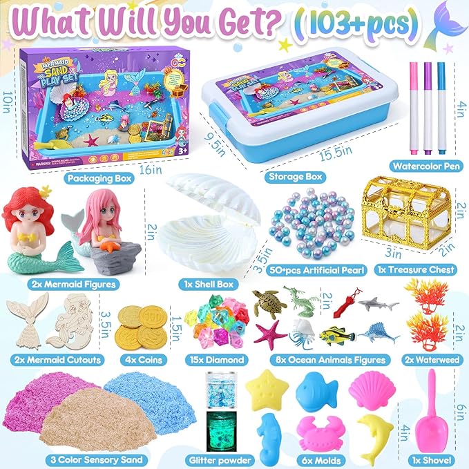 G.C Sensory Bin for Girl Kid Toy, Play Sand Art Kit 108pcs with Sandbox, 2lb Color Sand, 6 Castle Molds, Tactile Sensory Toy Christmas Birthday Gift for Girl Toddler Ages 3 4 5 6 7 8 (Mermaid)