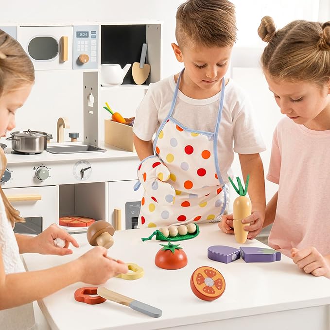 ROBOTIME Wooden Play Food Cutting Vegetable Set, Pretend Play Toy Food for Play Kitchen with Shopping Bag – Kids Kitchen Accessories, Wooden Veggie Toys for Boys & Girls