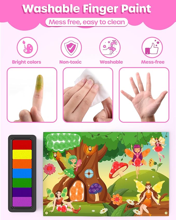 D-FantiX Dot Art Sticker Book Kits with Ink Pad, Mess-Free Finger Painting for Toddlers, Unicorn, Princess, Mermaid, Flower Fairy Arts and Crafts, Kids Travel Activities
