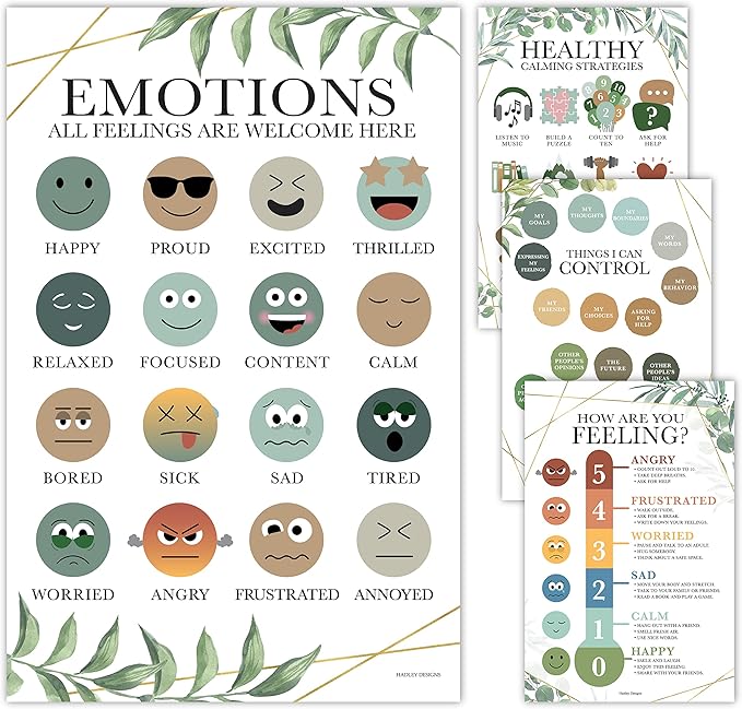 Hadley Designs Feelings Chart For Kids Ages 4-8 - Emotions Chart For Toddlers 3-5, Counseling Feelings Posters For Classroom Calming Corner, Social Emotional Learning Posters, Greenery Classroom Decor