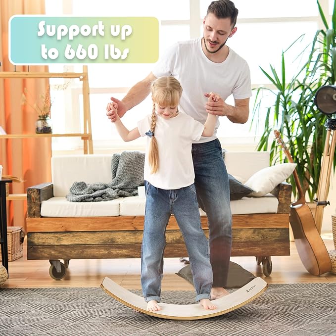 Goplus Wobble Board, 35Inch Wooden Balance Board for Kids & Adults Support 660LBS, Toddler Open-Ended Learning Toy Yoga Curvy Rocker Board for Balance Training, Home Exercise (12 INCH Width)
