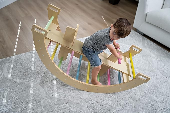 Avenlur Bailis Ultimate 3-in-1 Playset for Kids - Seesaw, Climbing Arch and Rocker - Waldorf and Montessori Climbing Toy for Children 2-6 Years - Toddler Climbing Toys (Colored)