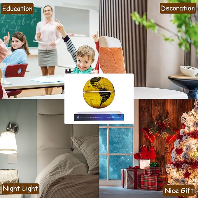 6" Magnetic Levitation Floating Globe Anti Gravity Rotating World Map with LED Light 7 Colors Display Floating Globe for Children Educational Gift Home Office Desk Decor (Gold-Book Base)