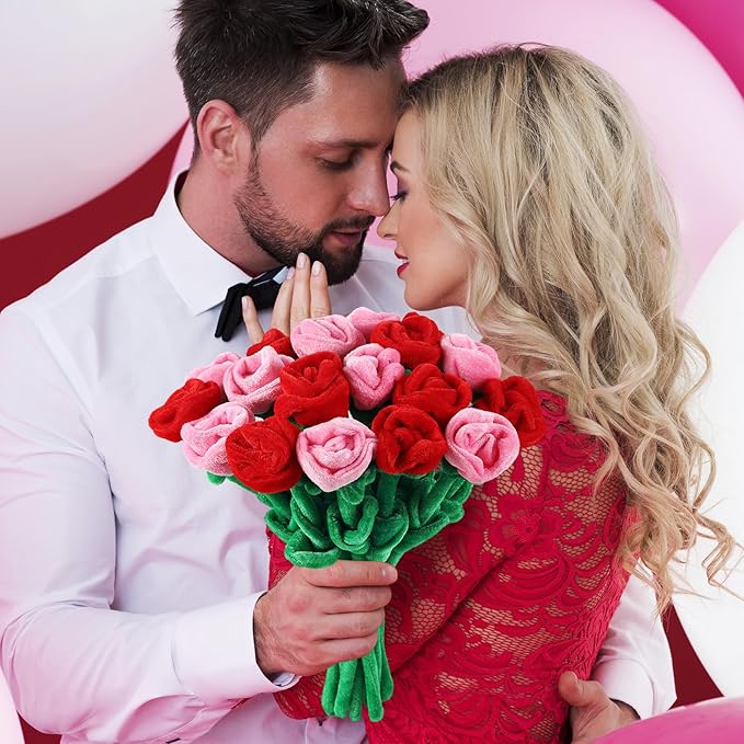 18 Pcs Plush Rose Flower Stuffed Bendable Stems Plush Bouquet Toy Soft Floral 12.6 Inch for Graduation 2025 Mother's Day Valentines Day Girl Girlfriend Wife Family and Friends(Red Pink Series)