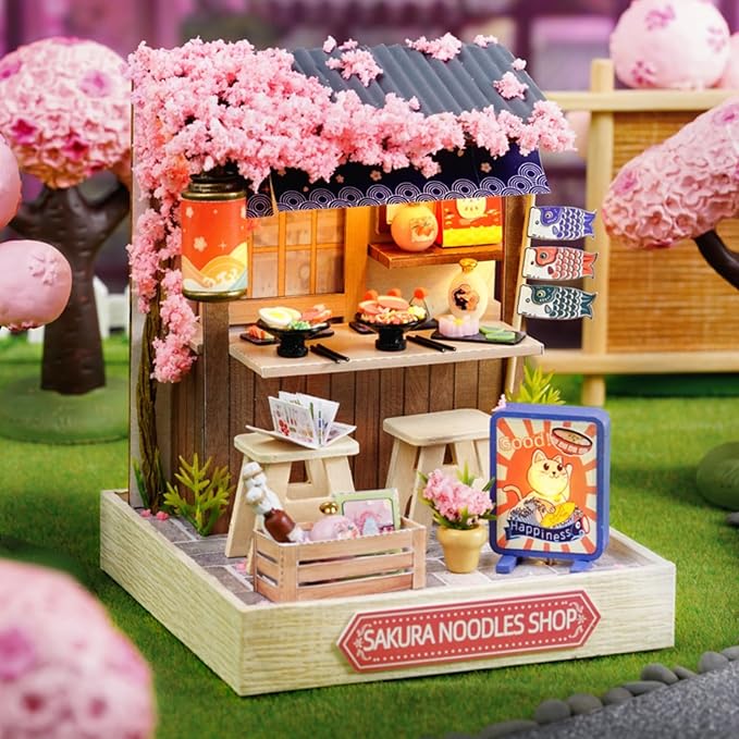 OZJAY DIY Miniature House Kit with Dust Proof Cover, 1:24 Scale Creative Room Mini DIY Wooden Dollhouse Miniature Kit for Adults Teen-Sakura Noodle Shop