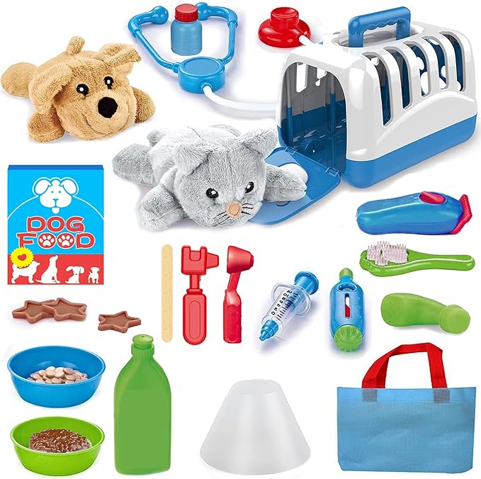 Deluxe Complete Vet Pet Care Play Set | Veterinarian Pretend Doctor Role Play Grooming Toy Kit with Plush Dog & Cat (34 Pcs)