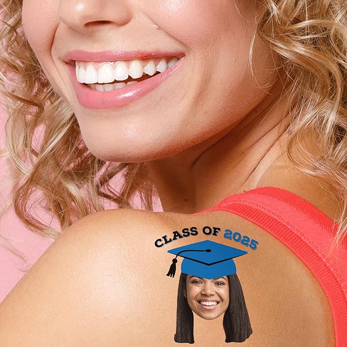 Big Dot of Happiness Custom Photo Blue Grad Cap, Personalized Graduation Party Favors, Fun Face Temporary Tattoos, Set of 12