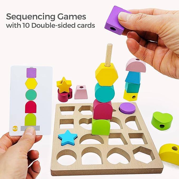 Jispring Puzzle Games for Dementia, 3-in-1 Color Matching Shapes, Wooden Shape Sorter for Alzheimers, Beads Sequencing for Elderly, Fidget Sensory Toys for Seniors, Keeping Hands Busy, Anxiety Relief