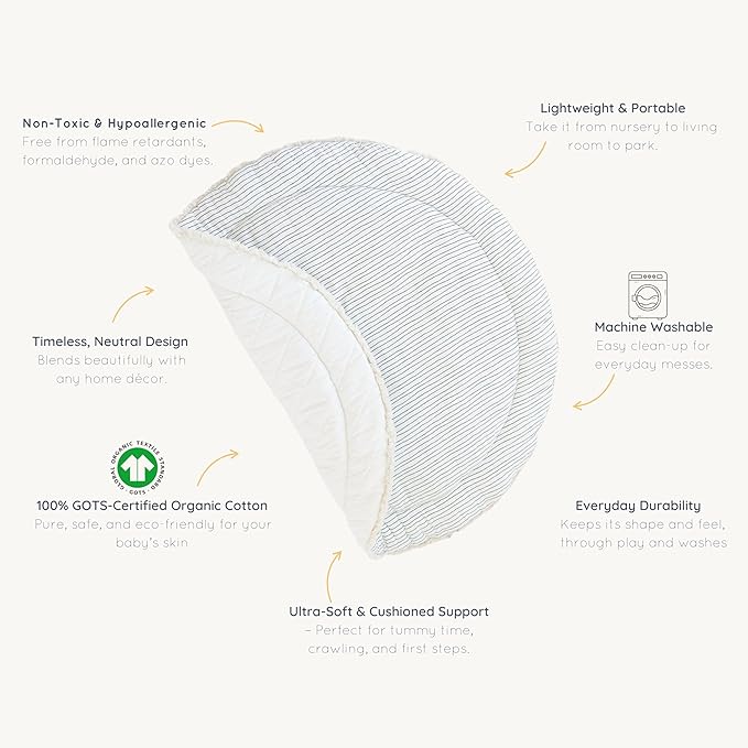 MakeMake Organics Organic Play Mat GOTS Certified Organic Cotton Nursery Floor Rug Washable Reversible Non Toxic Activity Mat Tummy Time Crawling Pad Thick Quilted (Round 48",Blue Stripes,Solid Ivory)
