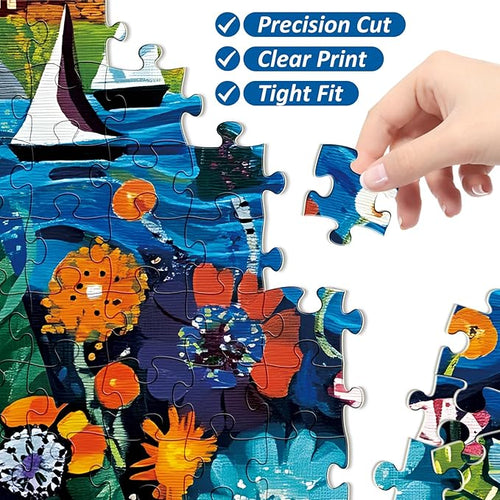 300 Pieces Puzzles for Adult,Riverboat Scene Puzzle for Kids Teen Adults,Interlock Perfectly Letter on Back,Folk Art Design Jigsaw Puzzle for Kids Ages 8-10,Puzzle for Family Game Nights,20.5 x 15 in