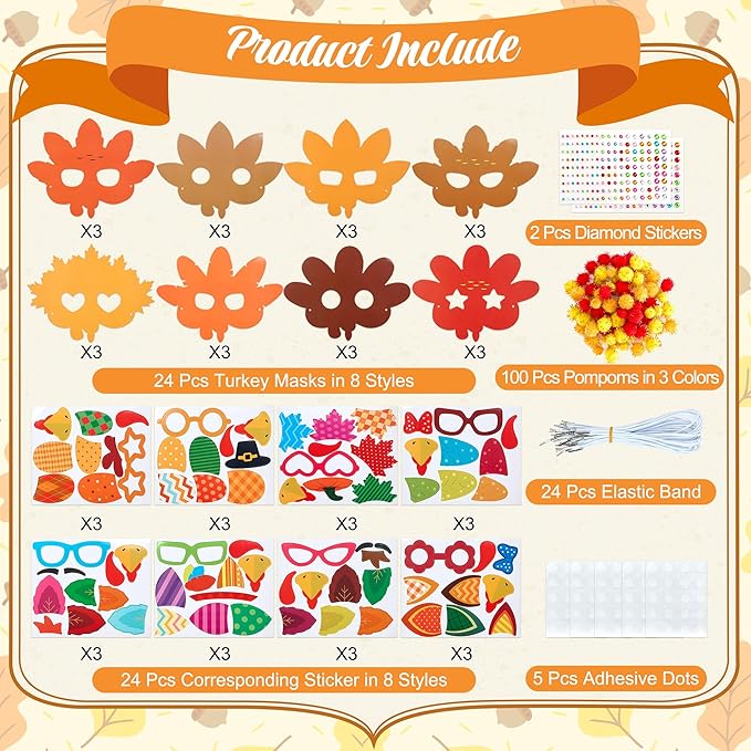 Bafeil 24 Sets Thanksgiving Turkey Masks Craft Kits DIY Turkey Face Mask Paper Art Craft Kit with Diamond Sticker for Fall Harvest Thanksgiving Party Favor Art Project Family Classroom Activity