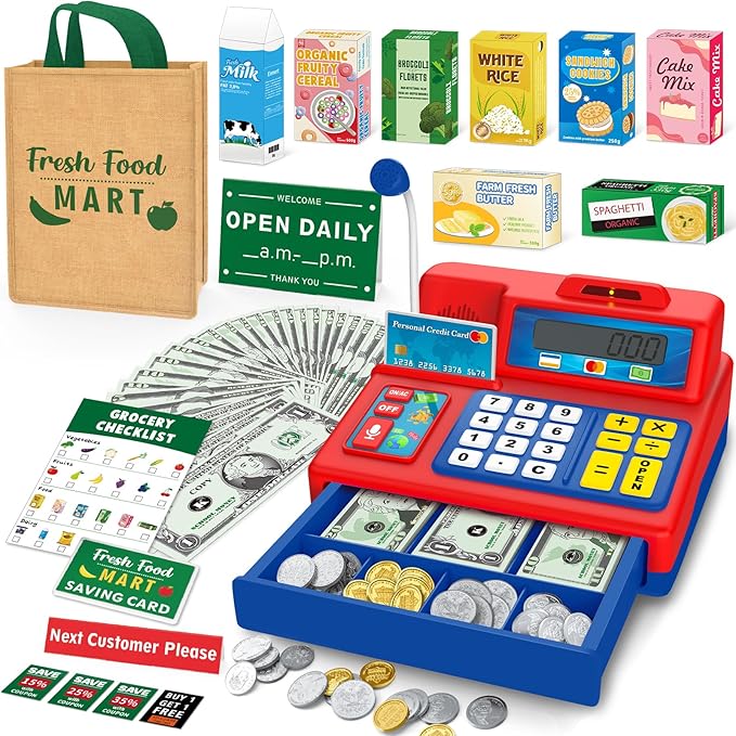 Calculator Cash Register Toy Gift for Kids Age 3, 4, 5, 6, 7, 8+ Year Old, 120 Pcs Grocery Store Playset with Microphone, Grocery Boxes, Credit Card, Red Play Cash Register for Toddlers Kids 4-8